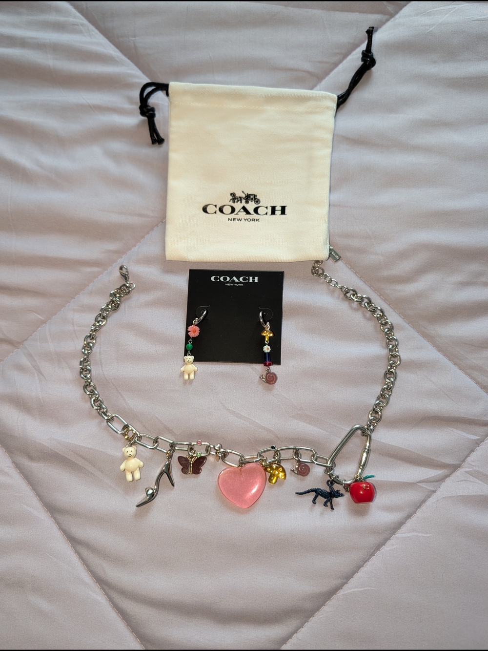 Coach Silver Charm Necklace and Earrings with Pink Heart and Multicolor Charms